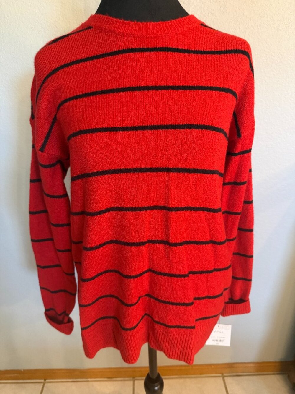 NWT Liz Claiborne Weekend Small Red Black Striped Crewneck Sweater